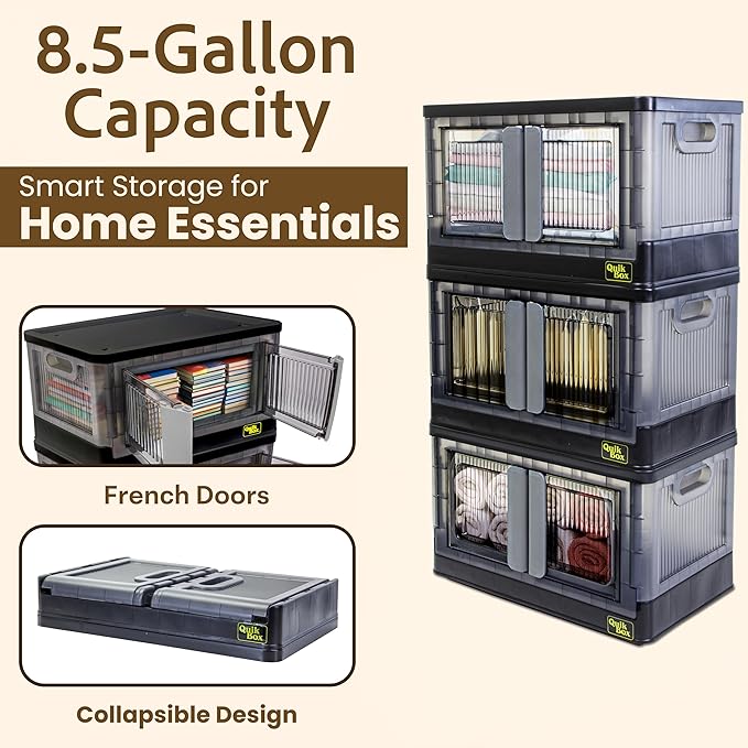 Quik Box - 8.5 Gallon 3-Pack Stackable Storage Bins with Doors & Wheels - Collapsible Organizer for Dorms, Bedroom & Home - Durable Polystyrene - Black