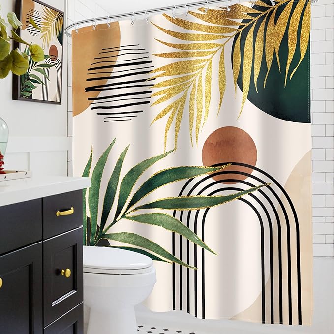 Glawry Boho Green Gold Shower Curtain Mid Century Tropical Palm Leaf Abstract Arch Bohemian Plant Botanical Bathroom Minimalist 60Wx72L Inches Bath Accessories Art Home Decor Fabric 12 Pack Hook