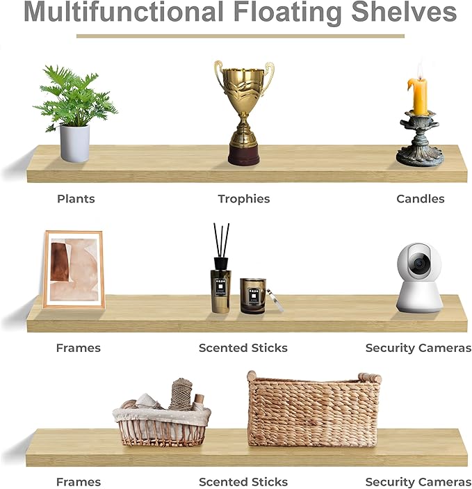 Sorbus Floating Shelves for Wall - 55 Inch Extra-Long Bathroom Shelves, Wall Decor for Bedroom, Kitchen, Living Room, Book Storage - Mounted Floating Shelf with Hidden Brackets (Maple Wood, 3 Pack)