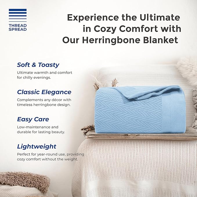 THREAD SPREAD Organic GOTS Cotton Blanket, King/Cal King - 350GSM, Oversized Antistatic, Couch, Bed, Camping & Travel, Luxurious Herringbone All-Season Throw, Light Blue + Stylish Bonus Tote Bag