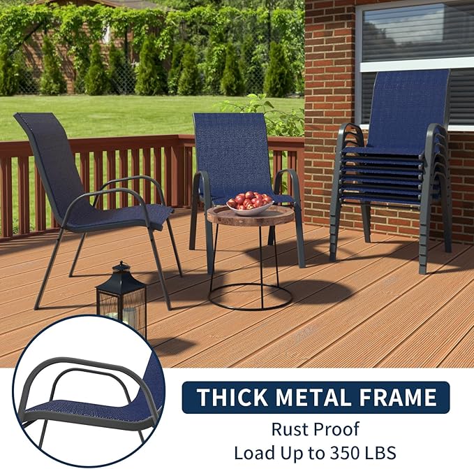 Amopatio Patio Chairs Set of 8, Outdoor Stackable Dining Chairs for All Weather, Breathable Garden Outdoor Furniture for Backyard Deck, Navy Blue