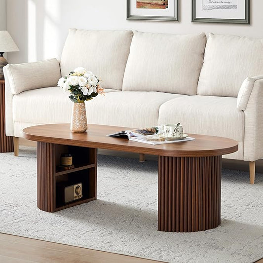 AVZEAR Oval Fluted Coffee Table for Living Room, Mid Century Modern Coffee Table with Storage, Curved Round Wooden Center Table for Home, Office, Cafe, Vintage Walnut(47.24" x 19.69" x 15.74")