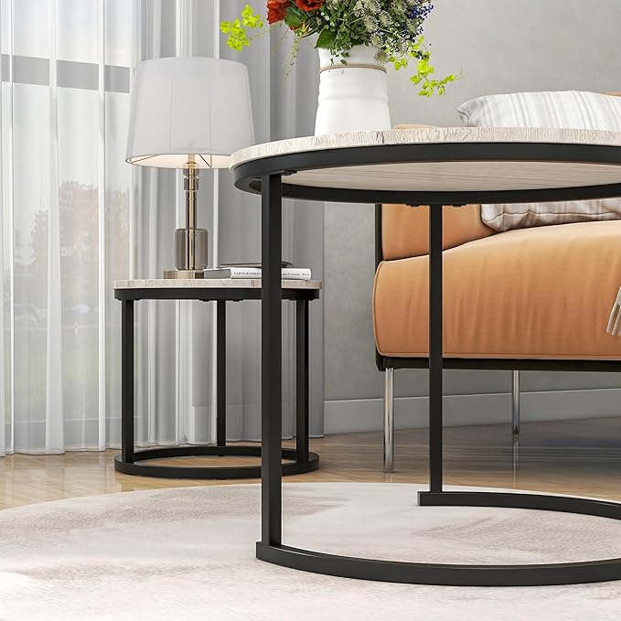 HOJINLINERO Round Coffee Table Set of 2 for Living Room,Black Small Coffee Table Living Room Table,Nesting Tables Metal Frame/Wood,Sturdy and Easy Assembly,Stacking Side Tables Bedroom,White Oak
