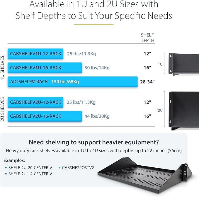 StarTech.com 2U Rack Shelf, 12" Mounting Depth, Vented Cantilever Tray for 19" AV/Network Equipment, 25lb Capacity, for Small Office/Home Office