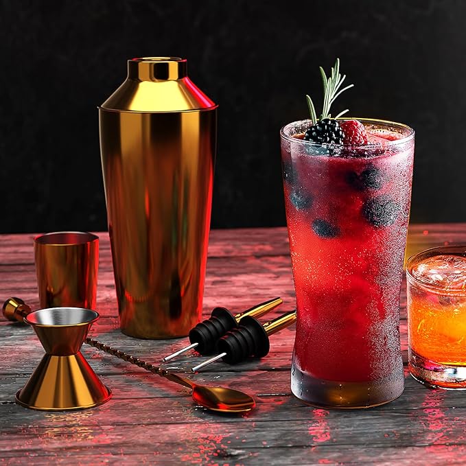 Bar Set Cocktail Shaker Set Bartender Kit, 8 Piece Gold Cocktail Set, Mixology Bartender Kit, Steel Drink Shakers Cocktail Kit, Bar Accessories: 24oz Martini Shaker, Muddler, Cocktail Book and More