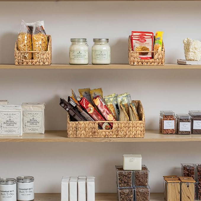 StorageWorks Water Hyacinth Pantry Storage Baskets, Wicker Baskets with Built-in Handles, Handwoven Shelf Baskets for Organizing, Pantry Organizers and Storage, 3 Pack