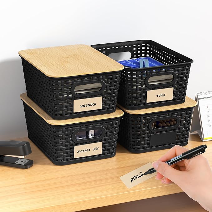 6 Pieces Black Plastic Storage Baskets with Bamboo Lids with Labels Stackable Storage Containers for Organizing Shelves Drawers Desktop Closets Playroom Classroom Office