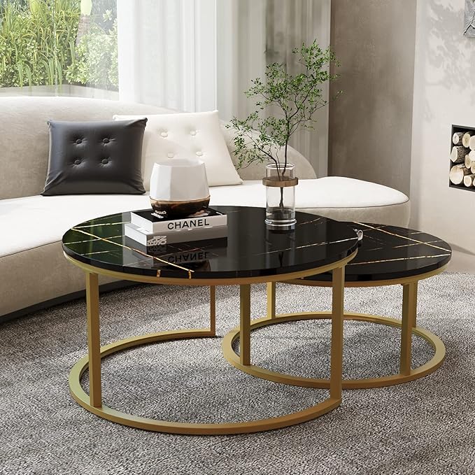 WiberWi Round Coffee Table Nesting Tables Set of 2, Large : Ø 34.0", Small : Ø 26.0", Modern Design Coffee Tables for Living Room, Gold Metal Frame Circle Cocktail Table, High Glossy Faux Black Marble