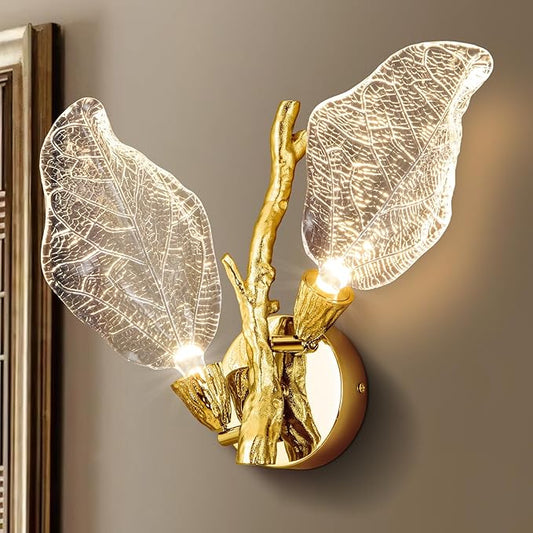 Wall Sconces, Gold Bathroom Sconces Wall Lighting with Clear Acrylic Leaf, Modern Sconces Wall Decor Wall Light fixtures for Bathroom Mirror Living Room Hallway Bedroom Stairs (1pcs,Gold)