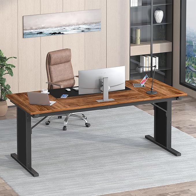 63 inch Computer Desk, Large Executive Office Desk, Gaming Desk Modern Work Desk Study Writing Table for Home Office, Brown and Black