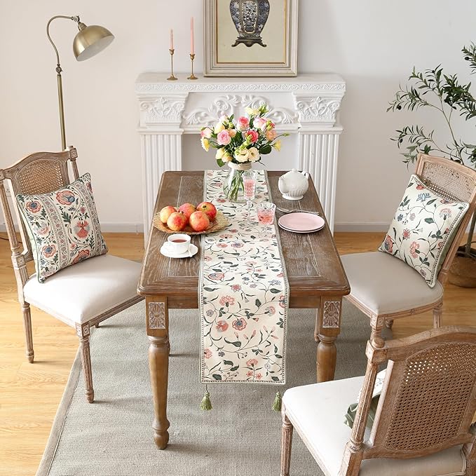 ISAENNE Designer Chinoiserie Elegant Linen Floral Extra Long Table Runner 118 Inches,White Wrinkle Resistant Table Runners for Dining Tables,Thanksgiving,Kitchen Tables,Christmas,12"*118"-Daffy A