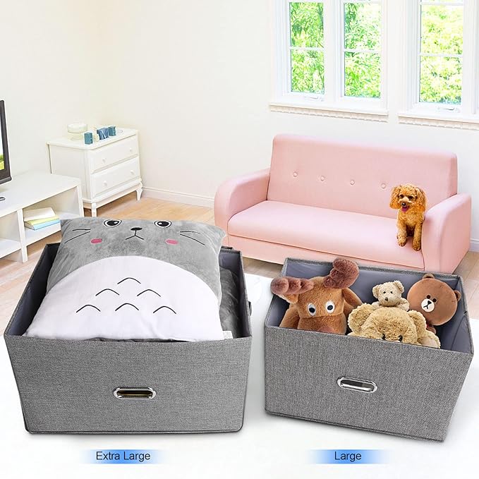 Large Linen Fabric Foldable Storage Bins with Removable Lid and Handles, Washable Storage Box Organizer Containers Baskets Cube with Cover for Bedroom,Office(Black, Extra Large(2-Pack))
