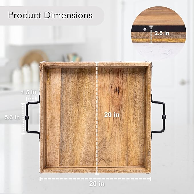 16"x16" Large Square Ottoman Tray, Heavy Duty Mango Wood, for Serving Tea, Breakfast in Bed, Living Room Large Coffee Table Tray Rustic with Farmhouse Style, Decorative Handles and Accent Strap