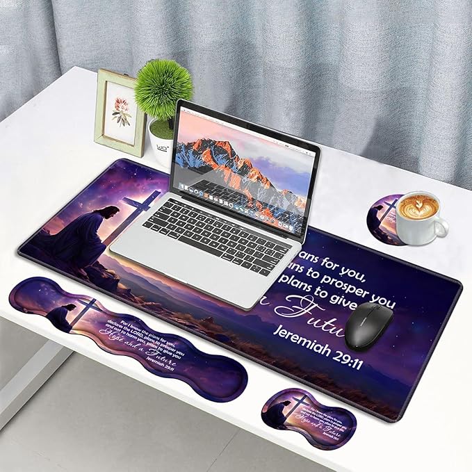 Ergonomic Memory Foam Mouse Pad Wrist Rest Set,Large Gaming Desk Pad + Keyboard Wrist Rest + Mouse Wrist Cushion + Coaster for Home Office Study Gaming,Christian Cross Quote Bible Verse Jeremiah 29:11