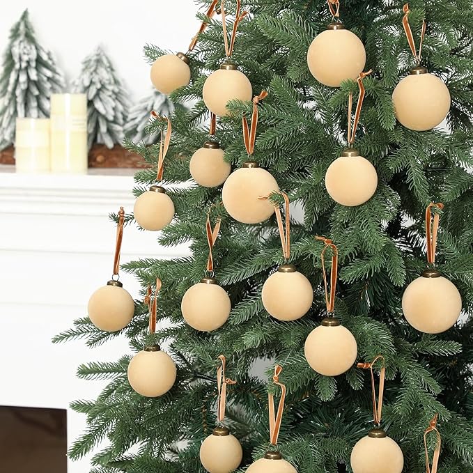 36 Pcs Velvet Christmas Balls Bulk - Flocked Christmas Tree Ball Ornaments Hanging Decoration for Xmas Tree, Wreath, Home or Party Decorations, 2.36", 2.76", 3.15"(Champagne)