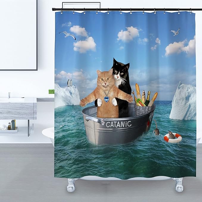 Domoku Cat Shower Curtain Funny Pet Kitten Couple Cosplay in Ocean Fun Cute Cat Bathroom Shower Curtains Polyster Fabric Waterproof with 12Hooks,72 * 84inch/180cm*210cm