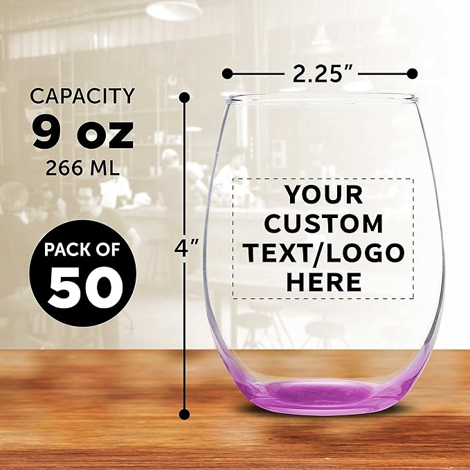 Custom Stemless Wine Glass 9 oz. Set of 50, Personalized Bulk Pack - Great for Wedding Favors, Bachelorette Party Decorations, Party Favors, Color Bottom - Pink
