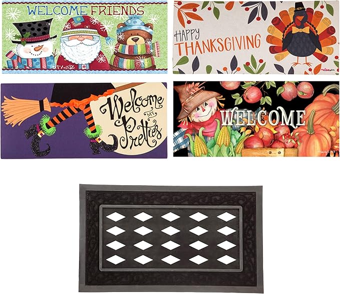 Evergreen Sassafras Fall Christmas Holiday Doormat Insert Bundle & Tray Set of 5, Interchangeable Entrance Door mats Indoor and Outdoor Welcome Mat 30 x 18 Tray Non Slip Backing Low Profile