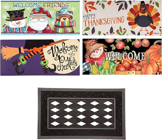 Evergreen Sassafras Fall Christmas Holiday Doormat Insert Bundle & Tray Set of 5, Interchangeable Entrance Door mats Indoor and Outdoor Welcome Mat 30 x 18 Tray Non Slip Backing Low Profile