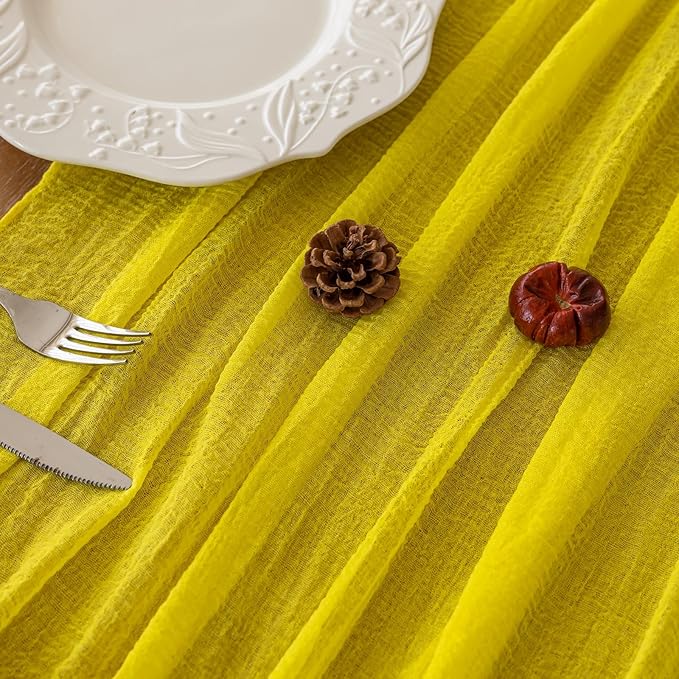 Yellow Table Runner Rustic Gauze Cheesecloth Table Runner 120 Inch 10 FT for Wedding Baby Shower Bridal Shower Engagement Garden Party Long Sheer Home Decorations