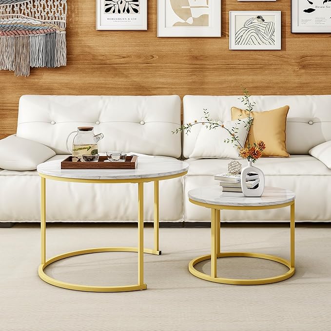 HOJINLINERO Round Coffee Table Set of 2 End Tables for Living Room,Circular and Marble Nesting Coffee Table Wooden Accent Furniture with Golden Metal Frame,Stacking Side Tables,White