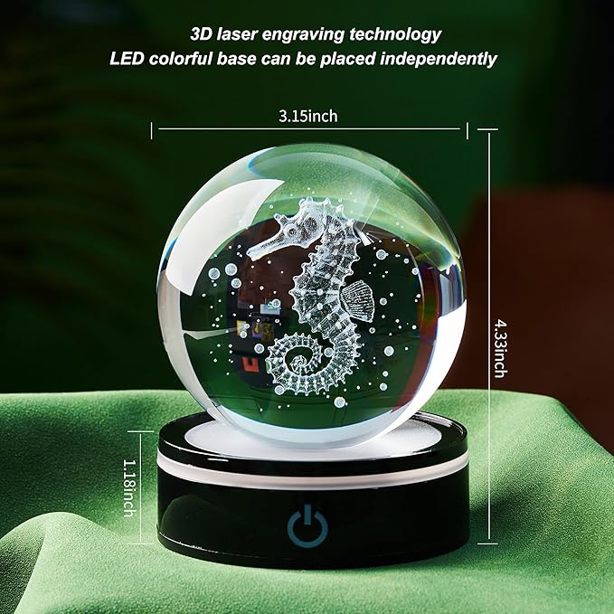3D Seahorse Crystal Ball Figurine with LED Base, Seahorse Gifts for Women Men on Christmas Birthday, Glass Sea Horse Decor Globe Night Light for Home Office
