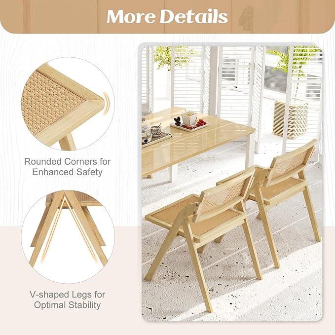 Giantex Folding Dining Chairs Set of 2, Wooden Folding Chair with Rattan Backrest & Seat, Sturdy Rubber Wood Frame, Armless Accent Chairs for Living Room, Kitchen, Wedding Party, No Assembly, Natural