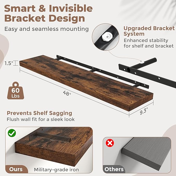 Floating Shelves for Wall with Invisible Brackets, Wall Mounted Engineered Wood Shelves with Wood Grain for Living Room, Bathroom, Kitchen Decor and Storage, Oak, 48"L Set of 2, Rustic Brown