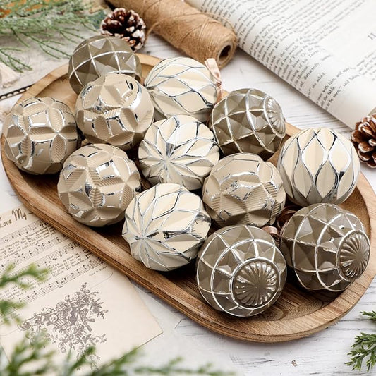 Syhood 12 Pcs Neutral Textured Christmas Ball Ornaments 2.4 Inch Vintage Xmas Tree Decorations Rustic Distressed Xmas Baubles Antique Farmhouse Modern Christmas Decor for Tree Home (Brown)
