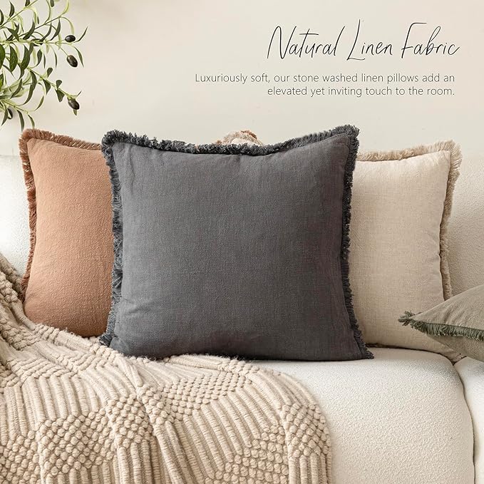 Foindtower Set of 2 Decorative Linen Fringe Throw Pillow Covers Cozy Boho Farmhouse Cushion Cover with Tassels Soft Accent Pillowcase for Couch Sofa Bed Living Room Home Decor, 24×24 Inch, Gray