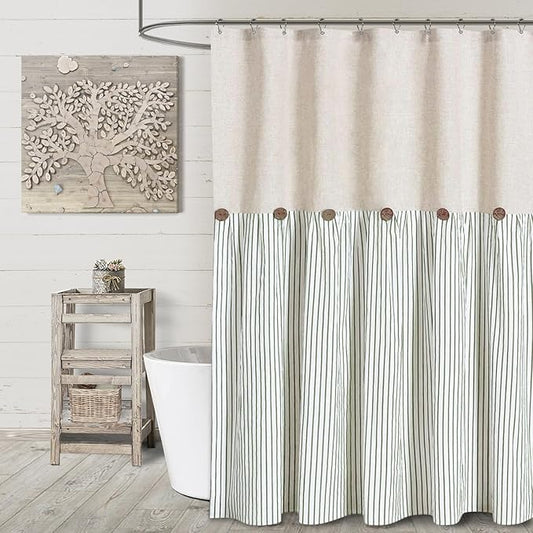 Awellife Farmhouse Sage Green Shower Curtain Button Linen Textured Woven Fabric,Pleated Sage Green Stripe,Country Style,72" W x 78" L