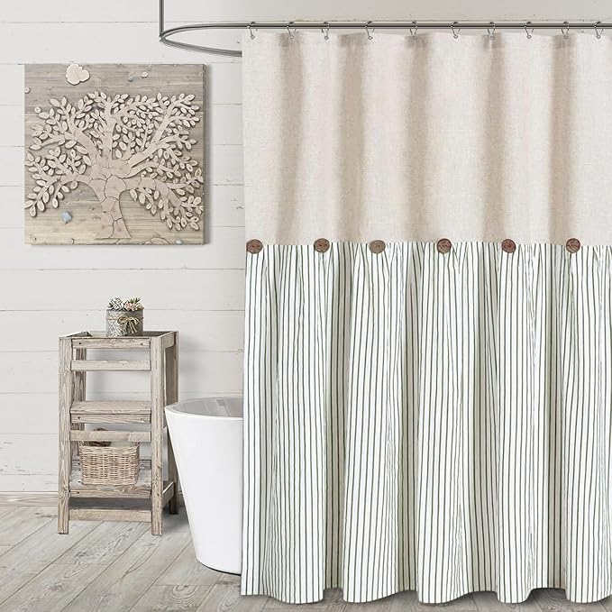 Awellife Farmhouse Sage Green Shower Curtain Button Linen Textured Woven Fabric,Pleated Sage Green Stripe,Country Style,72x72 Inch