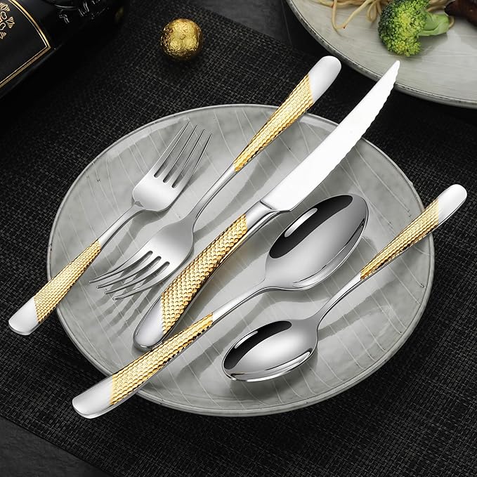Lemeya 20-Piece Hammered Silver Gold Silverware Set for 4 with Serrated Forging Knives,18/10 Stainless Steel Modern Flatware Set,Unique Cutlery Set Spoons and Forks Set,Mirror Polished,Dishwasher Safe