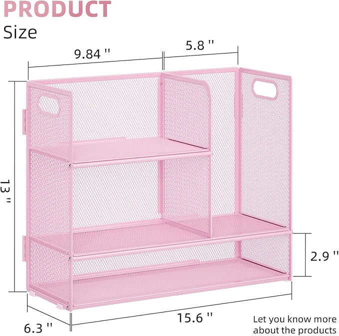 Marbrasse 3-Tier Desk Shelf Organizer with Handle, Desktop Bookshelf File Holder, Mesh Display Shelf Organizer Storage Rack for Office, Home, Supplies, Kitchen (Pink)
