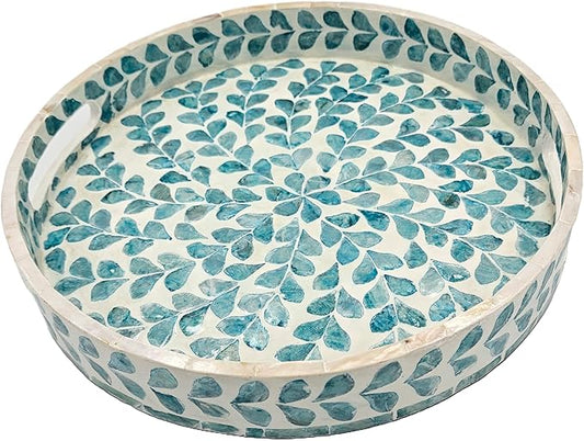 PEMAR 12.6” Mother of Pearl Round Serving Tray with Handles, Decorative Nacred Wooden Ottoman Coffee Table Tray (Teal Floral Pattern)