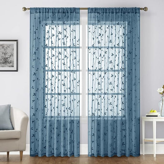HOMEIDEAS Cyan Blue Sheer Curtains 52 X 84 Inches Length 2 Panels Embroidered Vine Floral Pattern Pocket Faux Linen Semi Sheer Voile Window Drapes for Bedroom Living Room