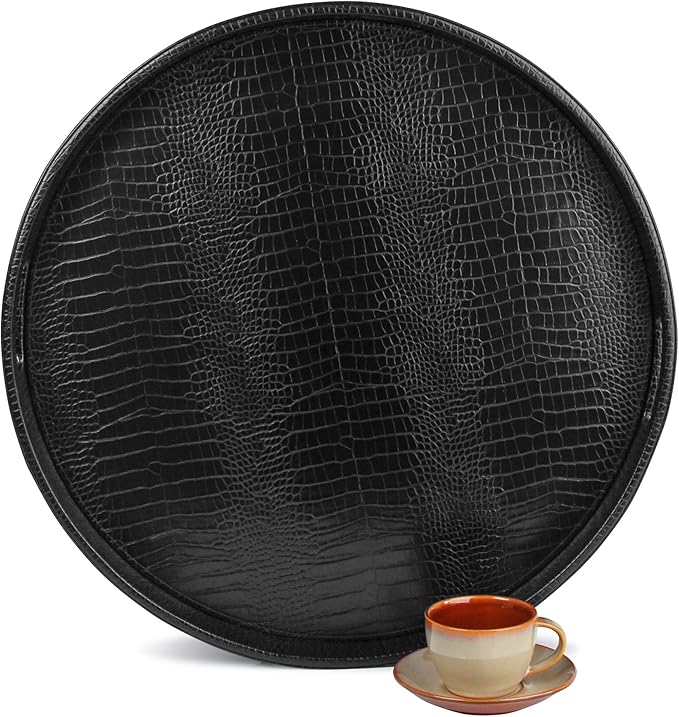 HofferRuffer Extra Large Round Serving Tray, Elegant Faux Leather Circle Ottoman Table Tray with Handles, Serve Tea, Coffee or Breakfast in Bed, Diameter 23.6 x 2.4 inches Height (Black)