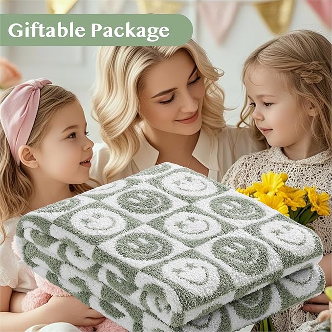 WRENSONGE Checkered Throw Blanket Seagrass Smiling Face Soft Cozy Fluffy Warm Hand Made Throw Blankets for Couch, Sofa, Chair, Bed, Camping, Picnic, Travel Lightweight Bed Blanket - 50"*60"