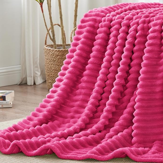 BEDELITE Twin Blanket for Couch & Bed, 300GSM Soft & Warm Fleece Blanket, Decorative and Giftable Striped Hot Pink Blankets for Women, Men, 60"x80"
