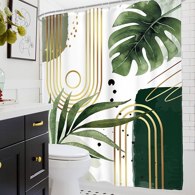 Glawry Green Gold Boho Mid Century Shower Curtain Abstract Tropical Plant Minimalist Modern Geometric Palm Leaf Arch Bathroom Simple 72Wx72L Inches Bath Accessories Art Home Decor Fabric 12 Pack Hooks