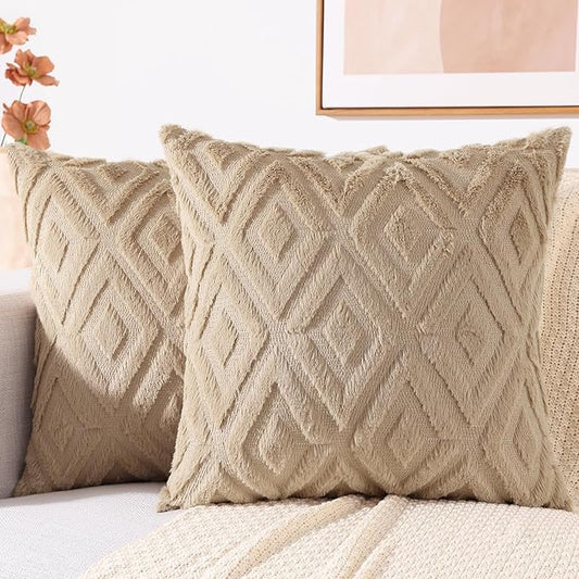 decorUhome Couch Throw Pillow Covers 16x16 Set of 2, Decorative Soft Plush Faux Wool Neutral Accent Pillow Covers for Bed Sofa Living Room, Light Khaki
