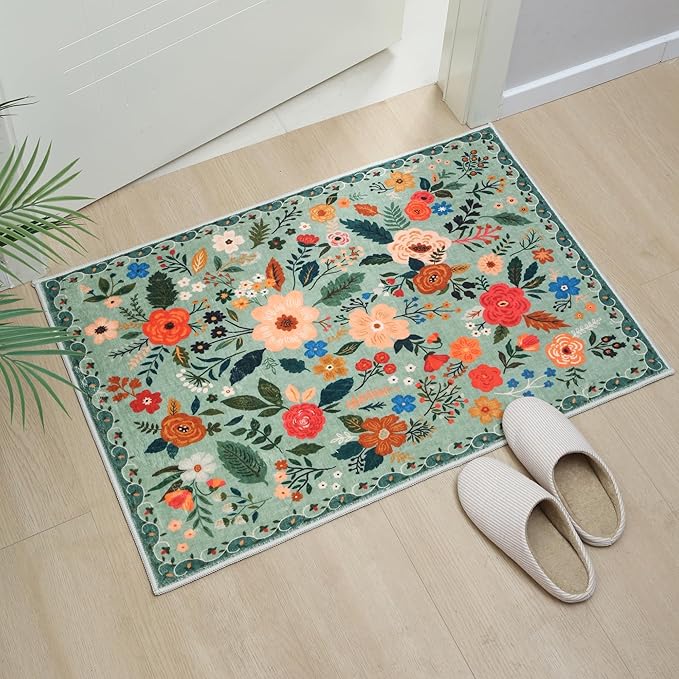 Rugcomf Door Mat Indoor Entrance 2x3 Rug Machine Washable Boho Floral Small Area Rug Non-Slip Low Pile Throw Rugs for Entryway, Kitchen, Front Door Indoor Entrance, Entry, Kids Room (Green)