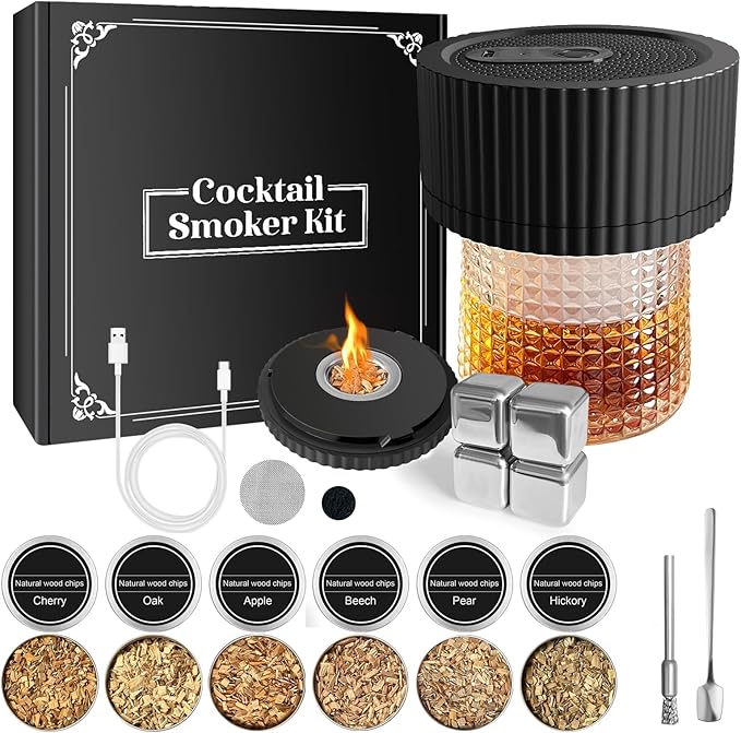 Electric Whiskey Smoker Kit–Rechargeable Cocktail Smoker Kit with Built-in Lighter, 6 Wood Chip Flavors–Old Fashioned Smoker Kit, Bourbon Smoker Kit–Gifts for Men, Dad, Husband, Home Bar Accessories