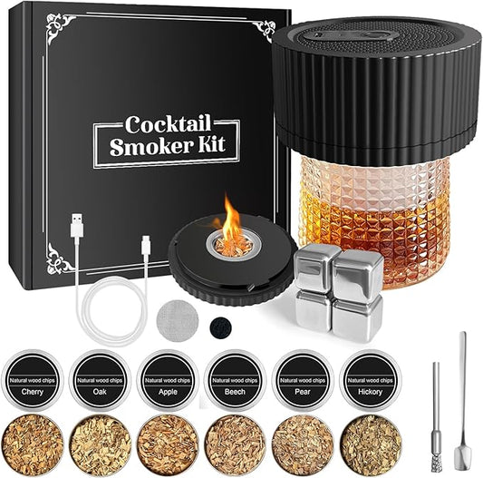 Electric Whiskey Smoker Kit–Rechargeable Cocktail Smoker Kit with Built-in Lighter, 6 Wood Chip Flavors–Old Fashioned Smoker Kit, Bourbon Smoker Kit–Gifts for Men, Dad, Husband, Home Bar Accessories
