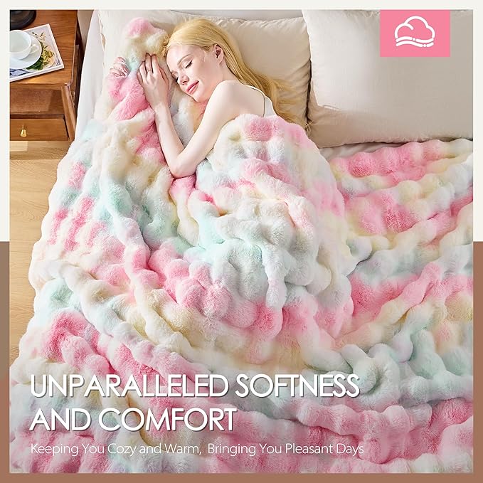 Luxury 1000GSM Faux Rabbit Fur Throw Blanket, Super Heavy Warm Cozy Blankets for Couch Bed Sofa, Bubble Plush Fuzzy Elegant Soft Reversible Mink Blanket for Living Room Bedroom, Rainbow