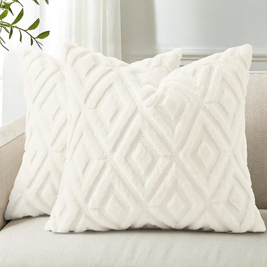 decorUhome Christmas Couch Throw Pillow Covers 20x20 Set of 2, Decorative Soft Plush Faux Wool Neutral Accent Pillow Covers for Bed Sofa Living Room, Cream White