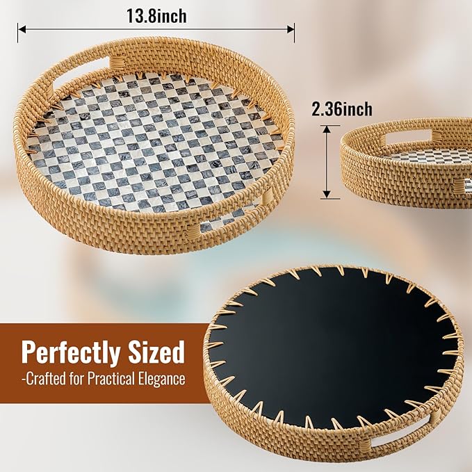 13.8 in Round Rattan Serving Tray with Handle, Mother of Pearl Tray Wooden Base, Decorative Wicker for Table, Kitchen Island & Home Decor (Black Checkerboard)