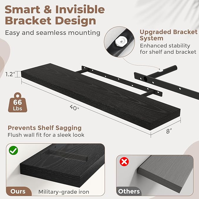 40 Inch Floating Shelves for Wall Set of 2, 8"D Wood Grain Bathroom Shelves with Invisible Brackets, Easy Install Engineered Wood Storage Shelves for Kitchen, Living Room, Bedroom, Black Finish