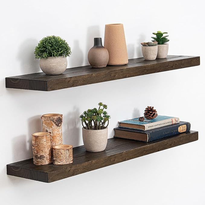 Floating Shelves, 8" Deep Rustic Solid Elm Wood Wall Mounted Floating Shelves, Wall Shelves with Invisible Bracket for Living Room Bathroom Bedroom Kitchen, 32 Inch Set of 2, Walnut