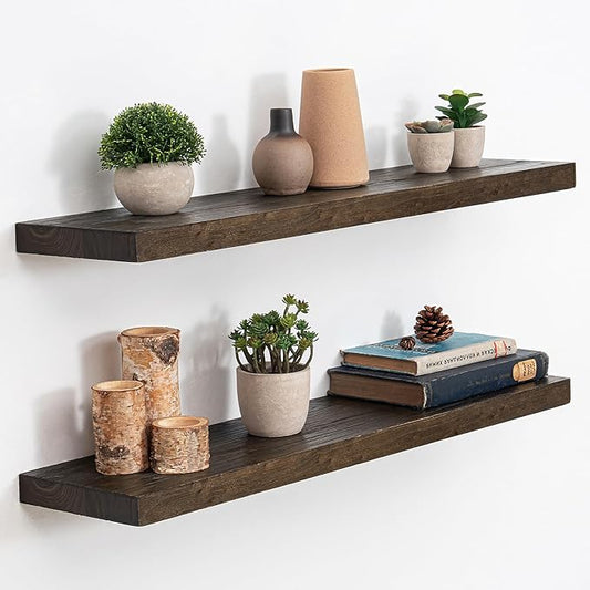 Floating Shelves, 8" Deep Rustic Solid Elm Wood Wall Mounted Floating Shelves, Wall Shelves with Invisible Bracket for Living Room Bathroom Bedroom Kitchen, 32 Inch Set of 2, Walnut